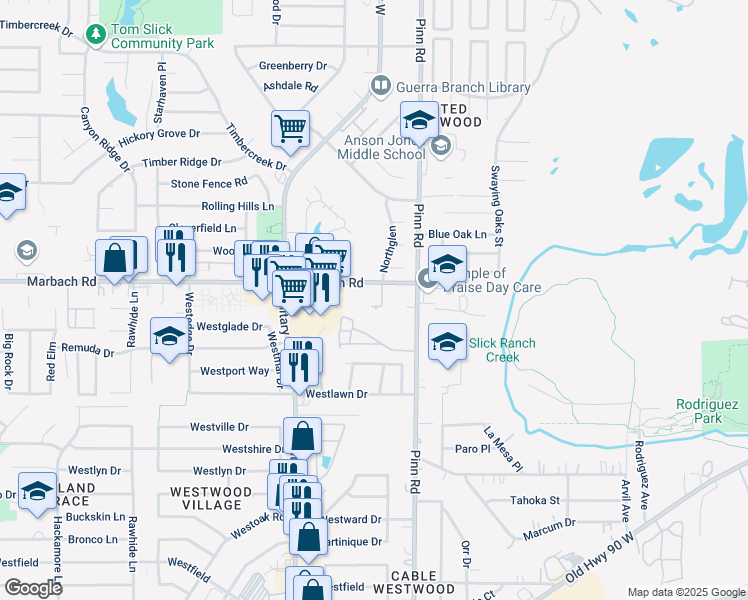 map of restaurants, bars, coffee shops, grocery stores, and more near 7006 Marbach Road in San Antonio