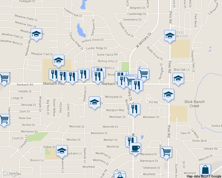 map of restaurants, bars, coffee shops, grocery stores, and more near 7220 Marbach Road in San Antonio