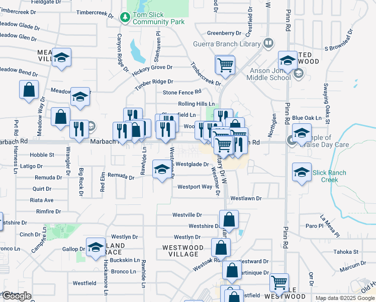 map of restaurants, bars, coffee shops, grocery stores, and more near 7211 Westglade Drive in San Antonio