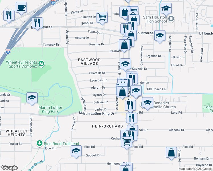 map of restaurants, bars, coffee shops, grocery stores, and more near 4310 Algruth Drive in San Antonio