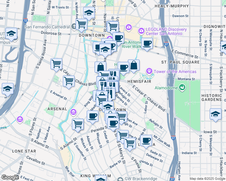 map of restaurants, bars, coffee shops, grocery stores, and more near 709 South Alamo Street in San Antonio