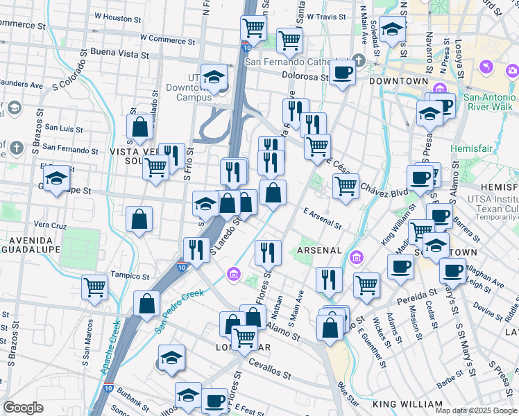 map of restaurants, bars, coffee shops, grocery stores, and more near 146 Guadalupe Street in San Antonio