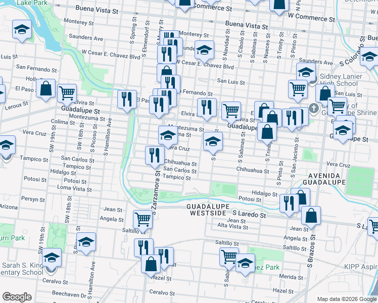 map of restaurants, bars, coffee shops, grocery stores, and more near 1825 Chihuahua Street in San Antonio