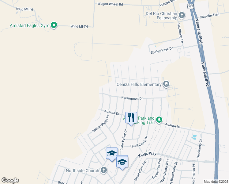 map of restaurants, bars, coffee shops, grocery stores, and more near 309 Mountain View Drive in Del Rio