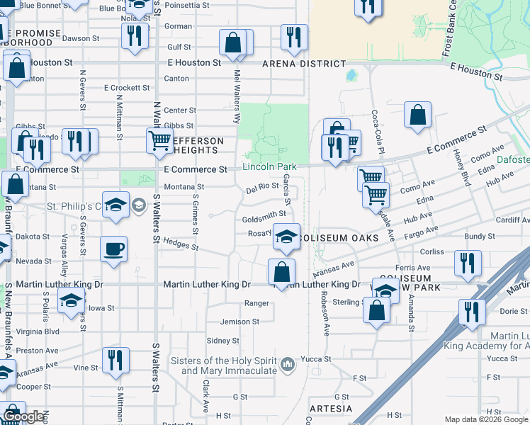 map of restaurants, bars, coffee shops, grocery stores, and more near 2915 South Rosary Street in San Antonio