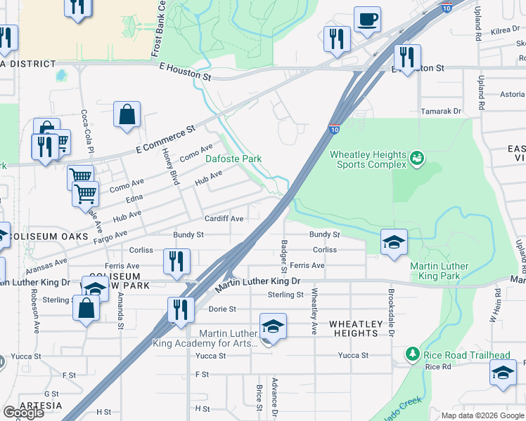 map of restaurants, bars, coffee shops, grocery stores, and more near 242 Cardiff Avenue in San Antonio