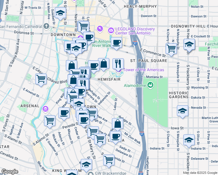 map of restaurants, bars, coffee shops, grocery stores, and more near 226 Garfield Alley in San Antonio