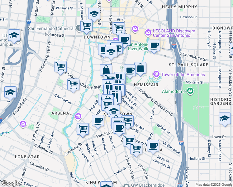 map of restaurants, bars, coffee shops, grocery stores, and more near 709 South Alamo Street in San Antonio