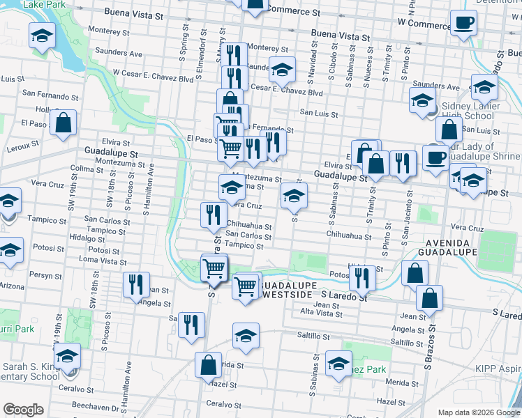 map of restaurants, bars, coffee shops, grocery stores, and more near 1825 Chihuahua Street in San Antonio