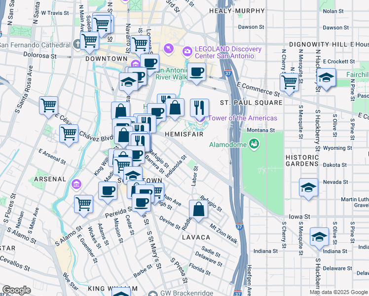 map of restaurants, bars, coffee shops, grocery stores, and more near 727 East César E. Chávez Boulevard in San Antonio