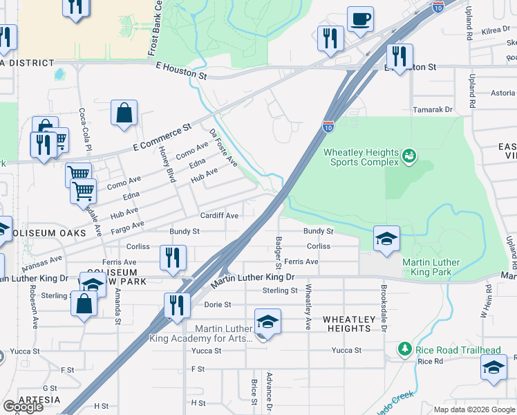 map of restaurants, bars, coffee shops, grocery stores, and more near 242 Cardiff Avenue in San Antonio