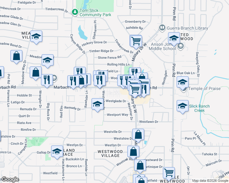 map of restaurants, bars, coffee shops, grocery stores, and more near 7220 Marbach Road in San Antonio