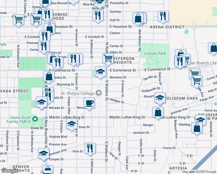 map of restaurants, bars, coffee shops, grocery stores, and more near 2401 Wyoming Street in San Antonio