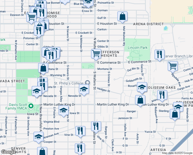 map of restaurants, bars, coffee shops, grocery stores, and more near 2401 Wyoming Street in San Antonio
