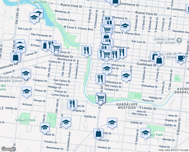 map of restaurants, bars, coffee shops, grocery stores, and more near 2411 Vera Cruz in San Antonio