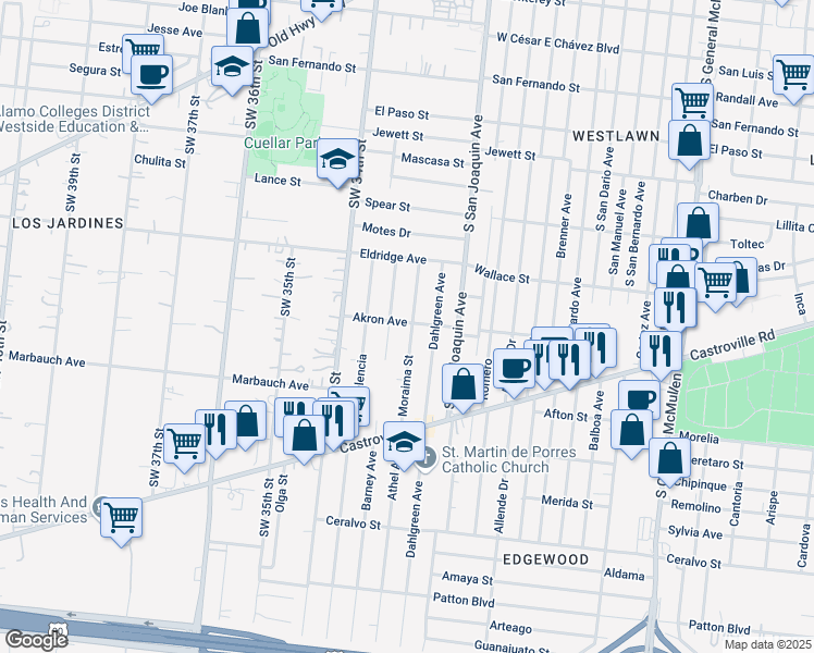 map of restaurants, bars, coffee shops, grocery stores, and more near 147 Moraima Street in San Antonio