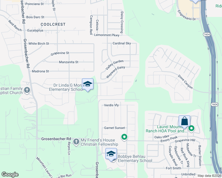 map of restaurants, bars, coffee shops, grocery stores, and more near 11726 Poppy Sands in San Antonio