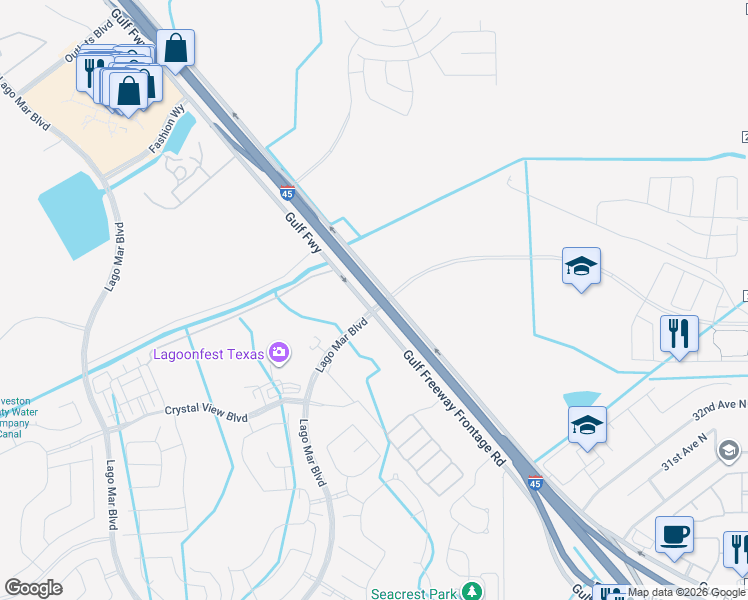 map of restaurants, bars, coffee shops, grocery stores, and more near 5885 Gulf Freeway in Texas City