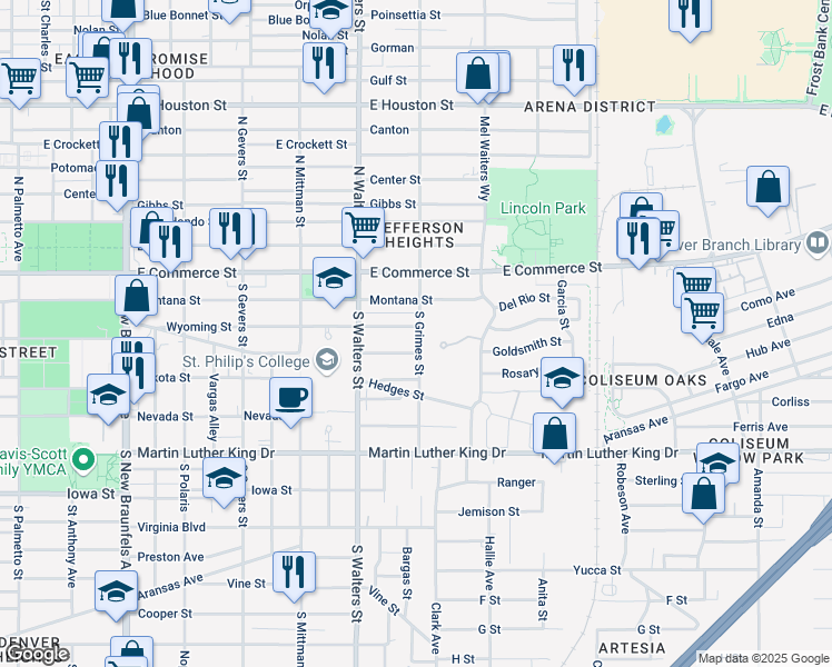 map of restaurants, bars, coffee shops, grocery stores, and more near 210 South Grimes Street in San Antonio
