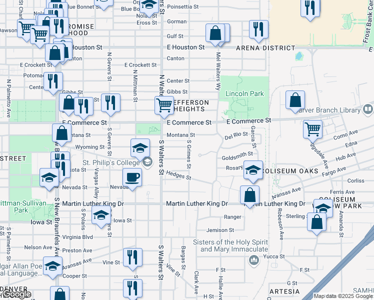 map of restaurants, bars, coffee shops, grocery stores, and more near 210 South Grimes Street in San Antonio