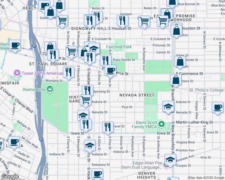 map of restaurants, bars, coffee shops, grocery stores, and more near 215 South Pine Street in San Antonio