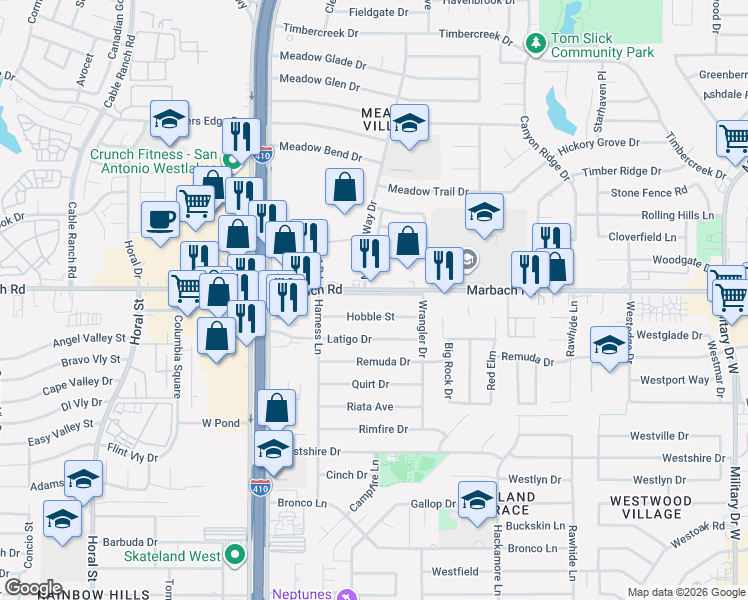 map of restaurants, bars, coffee shops, grocery stores, and more near 7825 Marbach Road in San Antonio