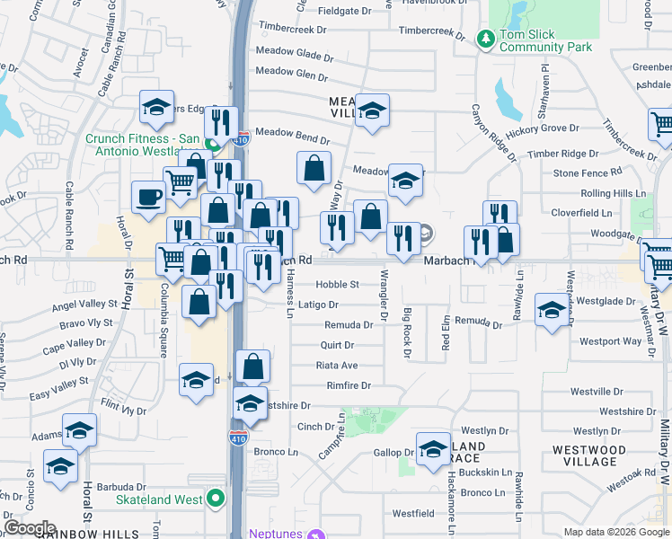 map of restaurants, bars, coffee shops, grocery stores, and more near 7825 Marbach Road in San Antonio