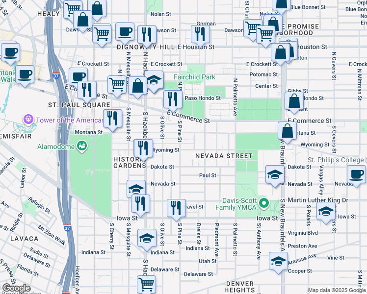 map of restaurants, bars, coffee shops, grocery stores, and more near 215 South Pine Street in San Antonio