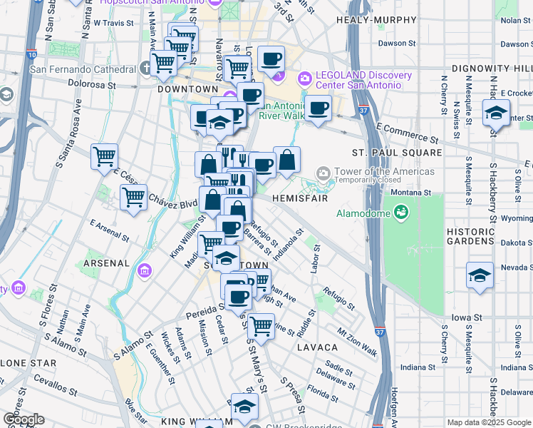 map of restaurants, bars, coffee shops, grocery stores, and more near 141 Lavaca Street in San Antonio