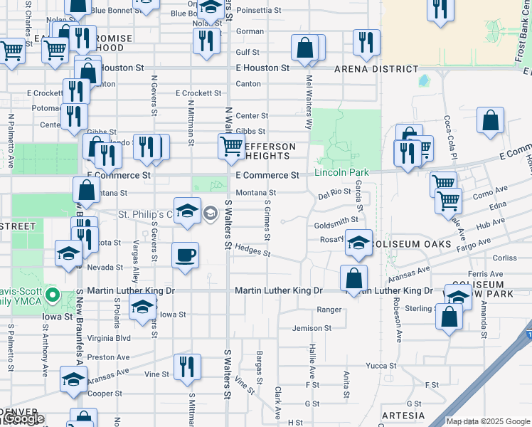 map of restaurants, bars, coffee shops, grocery stores, and more near 210 South Grimes Street in San Antonio