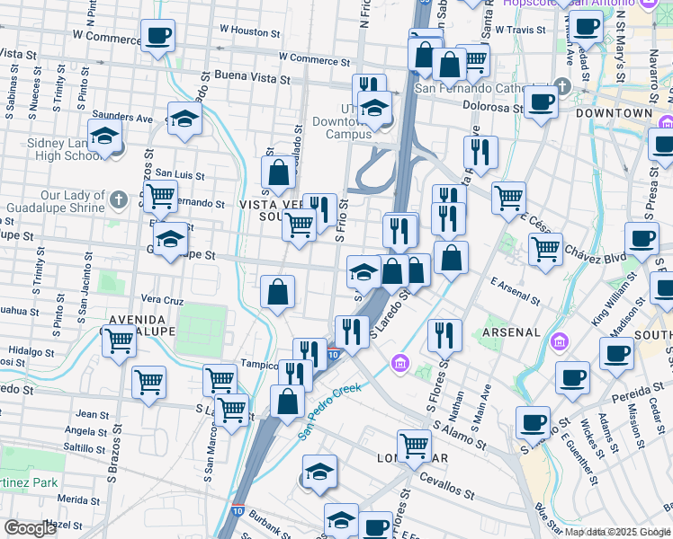 map of restaurants, bars, coffee shops, grocery stores, and more near 793 South Frio Street in San Antonio