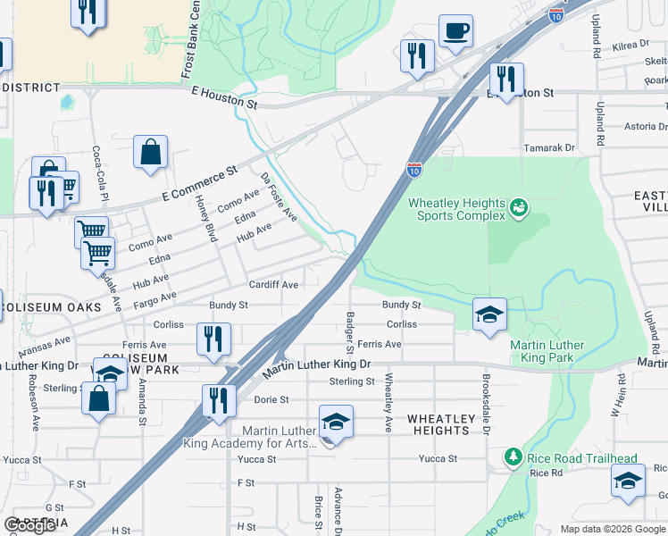 map of restaurants, bars, coffee shops, grocery stores, and more near 134 Barlow Avenue in San Antonio