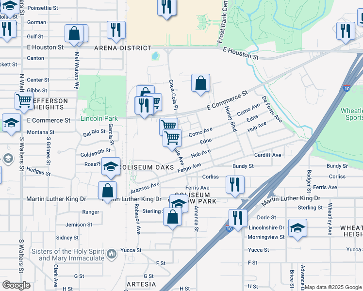 map of restaurants, bars, coffee shops, grocery stores, and more near 338 Como Street in San Antonio