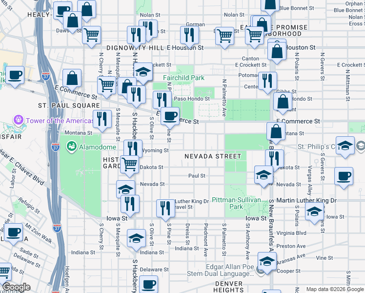 map of restaurants, bars, coffee shops, grocery stores, and more near 111 Dreiss Street in San Antonio