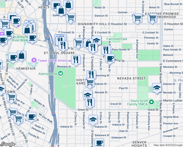 map of restaurants, bars, coffee shops, grocery stores, and more near 313 South Hackberry in San Antonio