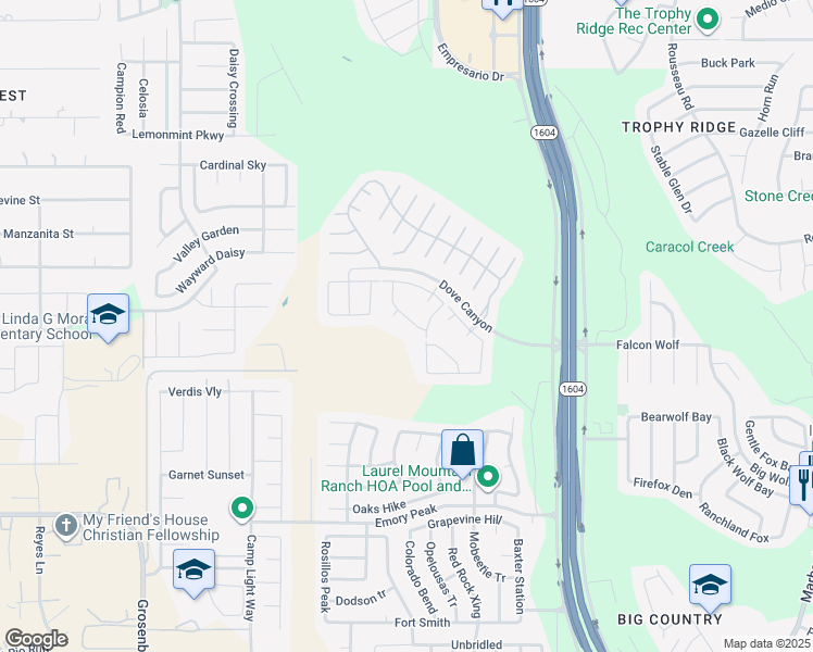 map of restaurants, bars, coffee shops, grocery stores, and more near 1330 Durango Run in San Antonio