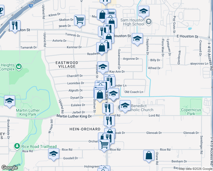map of restaurants, bars, coffee shops, grocery stores, and more near 811 South WW White Road in San Antonio
