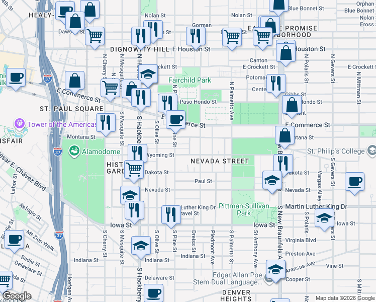 map of restaurants, bars, coffee shops, grocery stores, and more near 111 Dreiss Street in San Antonio