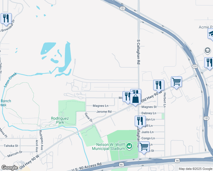 map of restaurants, bars, coffee shops, grocery stores, and more near 5757 Mayo Drive in San Antonio