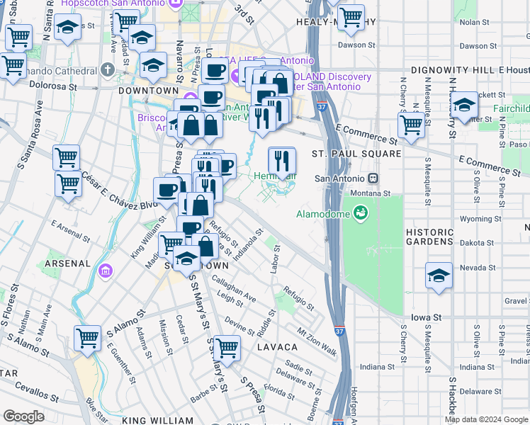 map of restaurants, bars, coffee shops, grocery stores, and more near 727 East César E. Chávez Boulevard in San Antonio