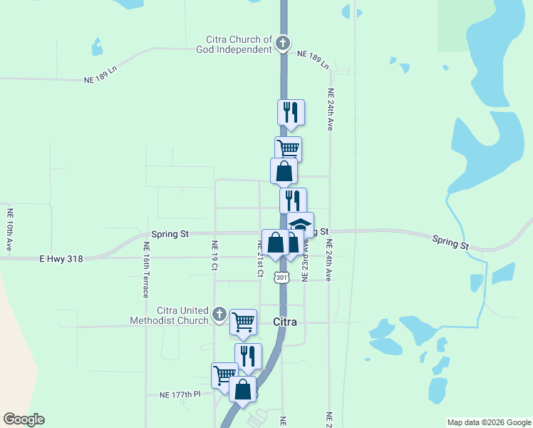 map of restaurants, bars, coffee shops, grocery stores, and more near 2115 Northeast 184th Street in Citra