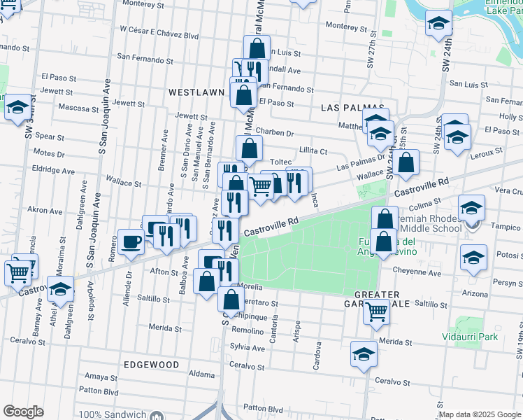 map of restaurants, bars, coffee shops, grocery stores, and more near 721 Castroville Road in San Antonio