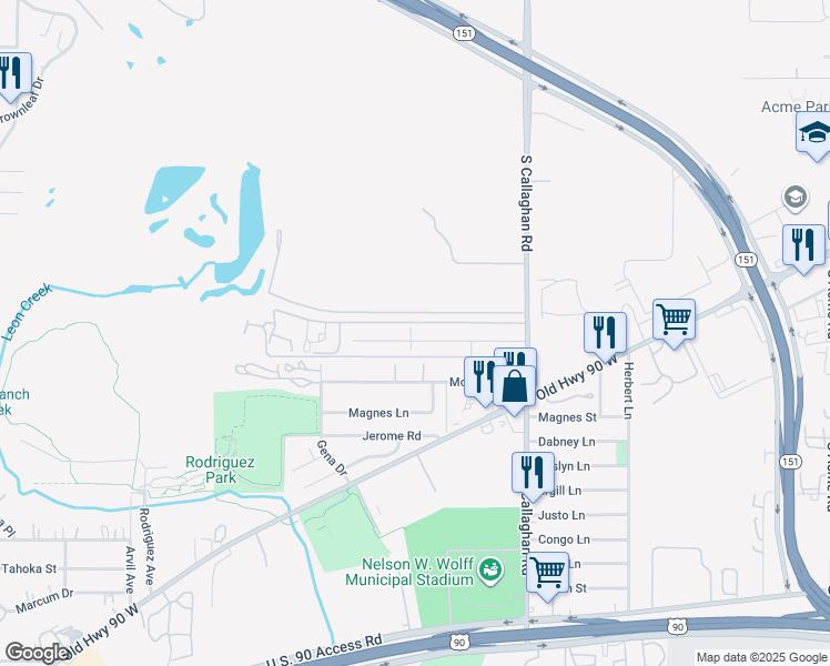 map of restaurants, bars, coffee shops, grocery stores, and more near 5757 Mayo Drive in San Antonio