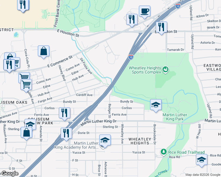 map of restaurants, bars, coffee shops, grocery stores, and more near 134 Barlow Avenue in San Antonio