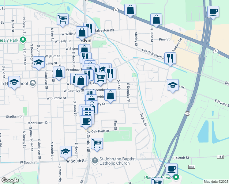 map of restaurants, bars, coffee shops, grocery stores, and more near 417 East Coombs Street in Alvin