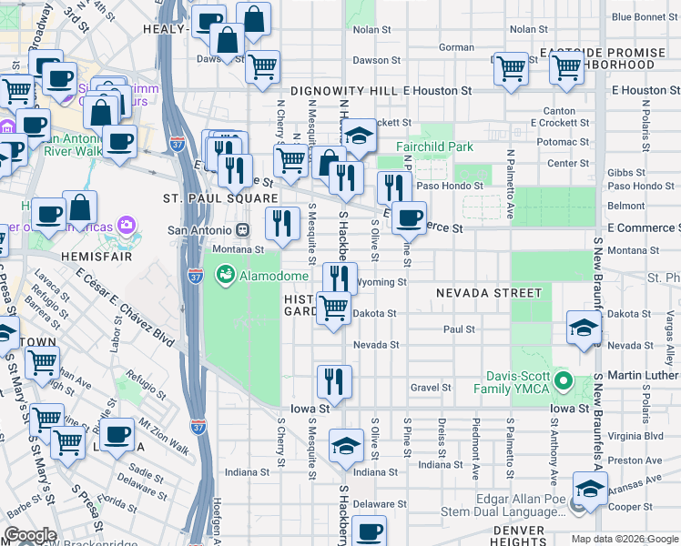 map of restaurants, bars, coffee shops, grocery stores, and more near 313 South Hackberry in San Antonio