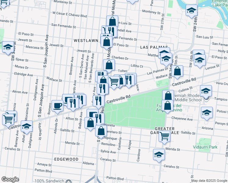 map of restaurants, bars, coffee shops, grocery stores, and more near 721 Castroville Rd in San Antonio