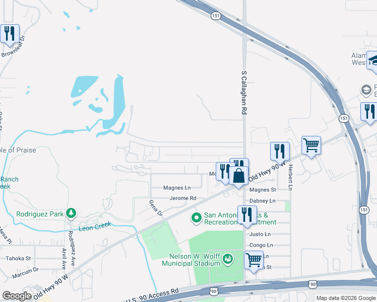 map of restaurants, bars, coffee shops, grocery stores, and more near 5757 Mayo Drive in San Antonio