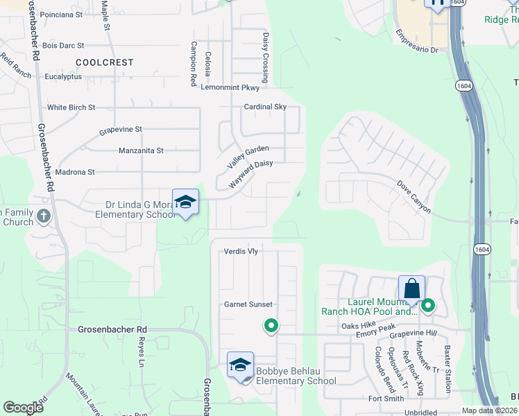 map of restaurants, bars, coffee shops, grocery stores, and more near 11726 Poppy Sands in San Antonio