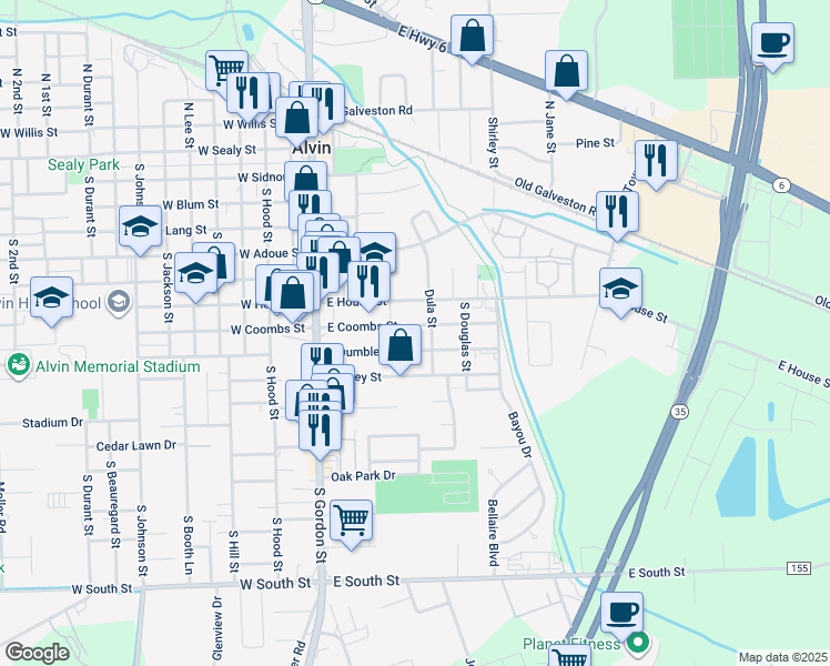 map of restaurants, bars, coffee shops, grocery stores, and more near 408 East Coombs Street in Alvin